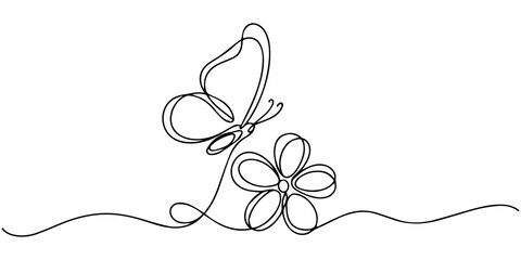 butterflies with flower continuous one line drawing, Hand drawn peony flower butterfly vector. One line continuous floral drawing. Cartoon botanical illustration, abstract print, banner, card, doodle © line draw