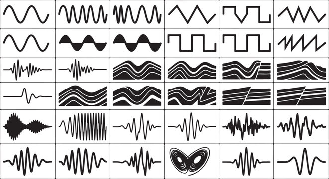 Set of Minimalist Waveform and Signal Icons, Audio Oscillations, Sine and Square Waves, Physics Sound Patterns and Mathematical Functions.