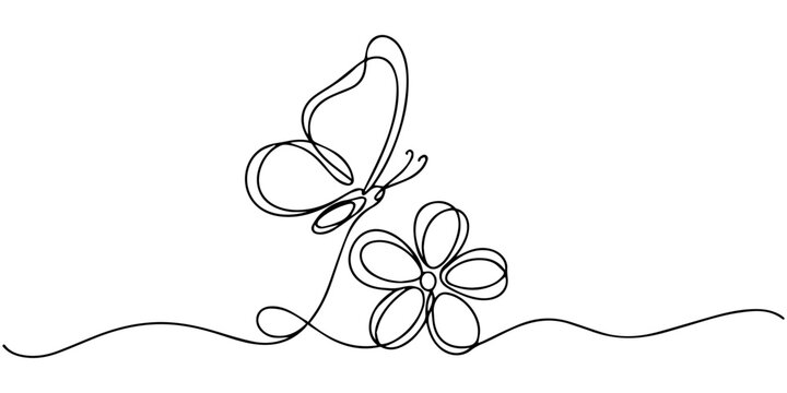 butterflies with flower continuous one line drawing, Hand drawn peony flower butterfly vector. One line continuous floral drawing. Cartoon botanical illustration, abstract print, banner, card, doodle