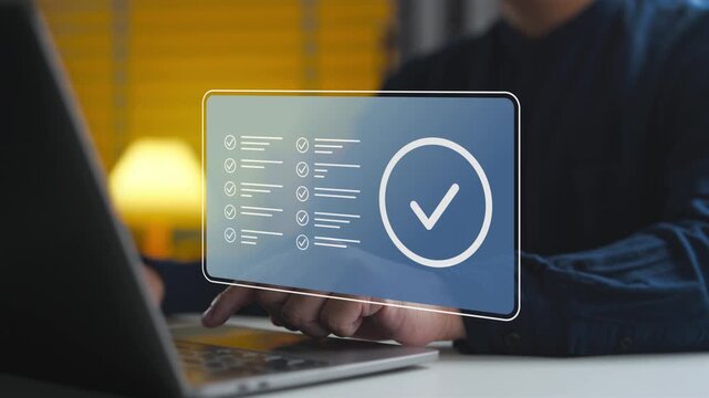 Project administrator completing task checklist on digital laptop interface. Concept of quality control, standard operating procedures, project milestone approval, and workflow verification success.