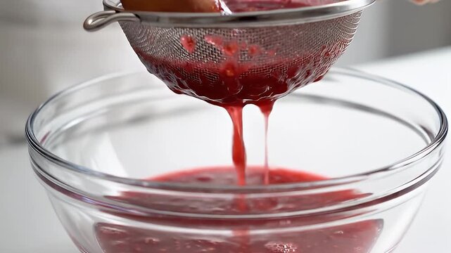 A close-up shot depicts a person straining crushed raspberries through a fine-mesh sieve into a glass bowl, showcasing the vibrant red juice and the process of food preparation.