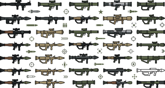 Military Rocket Launcher and RPG Weapon Vector Set with Bazooka, Missile Launchers and Tactical Firearms for Army Combat Design Projects