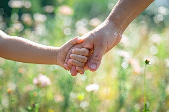 Adult and child hands clasped, walking through a sunlit meadow