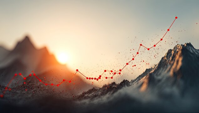 Red data line ascends over rugged mountain peaks at sunrise