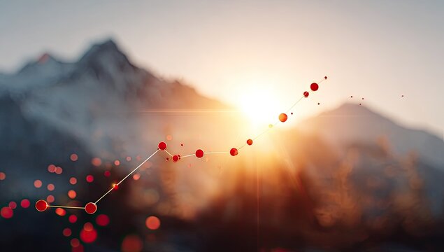 Upward-trending red data points against a sunlit mountain backdrop