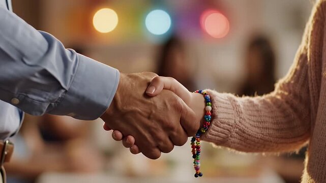 Two people's hands shaking, one wearing a beaded bracelet, with blurred lights in background