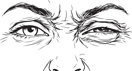 Fototapeta premium Intense hand-drawn sketch of human eyes with an angry and suspicious expression, frowning eyebrows line art illustration.