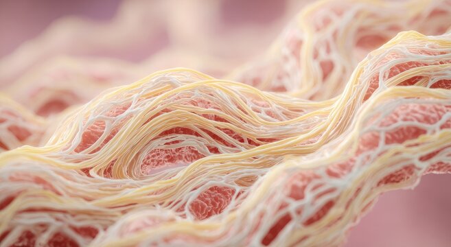Microscopic view of interwoven collagen fibers and skin tissue
