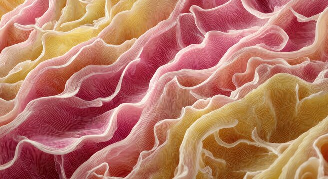 Abstract organic wavy layers of pink and yellow hues, resembling textile or skin