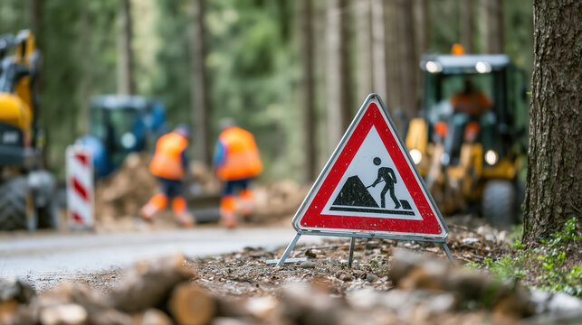 A road sign warning of falling rocks on a forest road with construction workers and machinery in the background