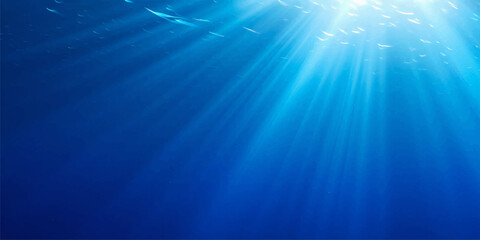 Bright blue underwater ocean background illustration featuring deep sea water with bright sunlight beams and glowing sun rays shining down from the surface © MDNUR