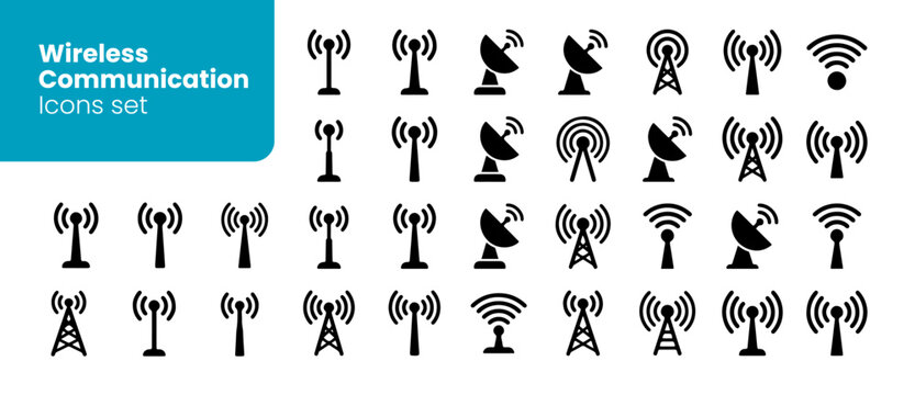 Wireless radio and antenna tower icon set with  vector elements, telecommunication antenna symbols, wireless signal transmitter signs, cellular network . vector illustration and transparent png .