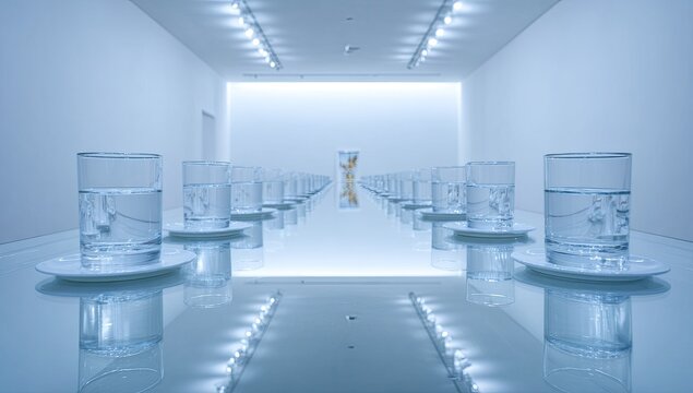 Endless perspective of glasses of water on plates receding into a luminous void