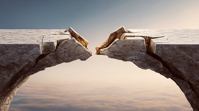 rebuild. A stone bridge under repair with new construction spanning the gap during golden hour. real-estate listings.
