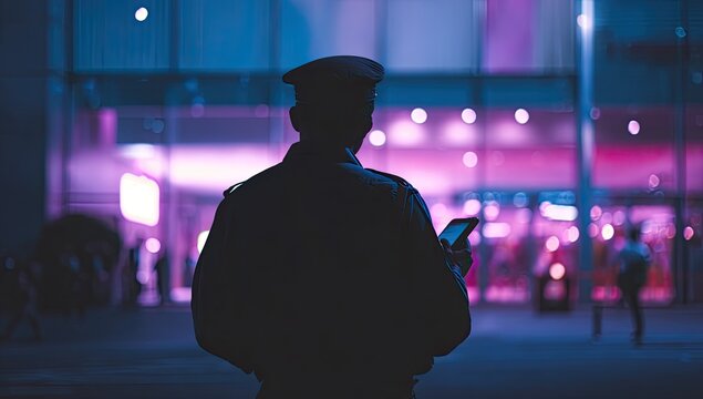 Silhouetted figure in uniform with hat looks at phone against neon-lit cityscape