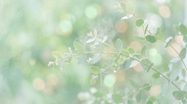 Delicate white blossoms on soft green foliage in natural pastel bokeh background