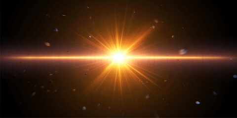 A glowing orange sun bursts with bright energy rays and a brilliant light flash against a dark space background filled with shining stars and abstract blue motion graphics © Bepari