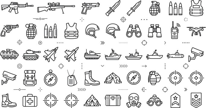 Military and Army Line Icon Set with Weapons, Vehicles, Tactical Gear and Defense Equipment for War and Security Design Projects