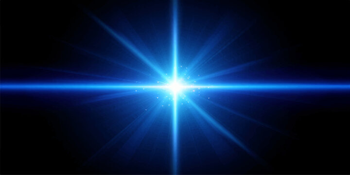 A bright blue abstract background features a glowing light burst and shining energy rays that create a cosmic star explosion design