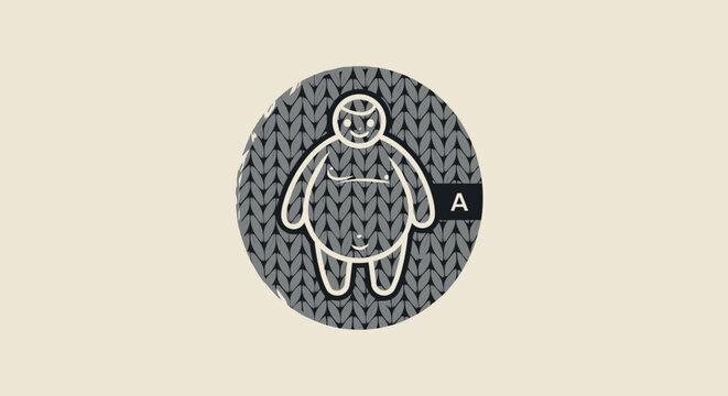Circular emblem with human figure outline on grey pattern