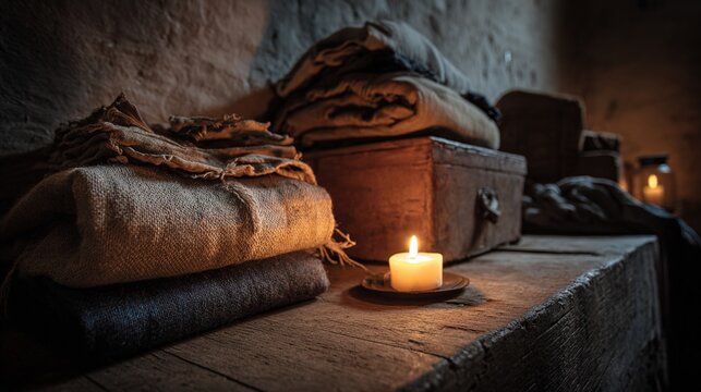 provisions. A hidden cellar room with a candle illuminating provisions and folded old clothing. symbolizing life milestones and joyful moments.
