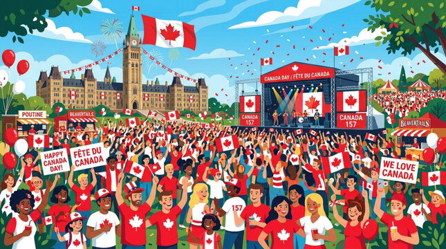 Vibrant Canada Day celebration in front of Parliament Hill featuring a large crowd live music stage and festive decorations perfect for national holiday events and promotions