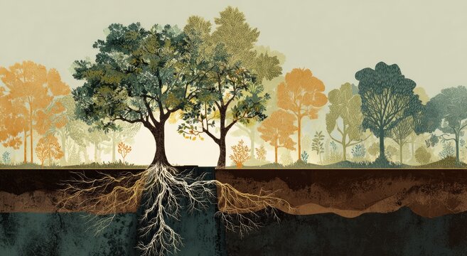 Exposed roots connect a vibrant forest and earthy layers below