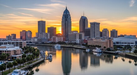 Obraz premium City skyline at sunset modern buildings and calm water reflection