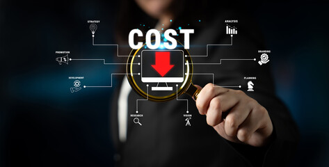 Obraz premium Business Professional Presenting Financial Cost Reduction Strategies with Digital Icons and Visual Data Representation in Dark Background Quark.