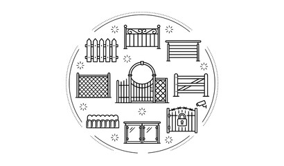 Fototapeta premium Modern fence line icons with editable outdoor and garden vector design