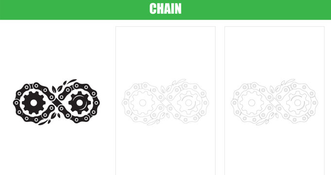 Chain link and gears forming infinity symbol with leaves in black silhouette vector.