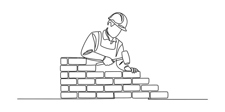Continuous single line drawing of a construction worker building a brick wall with a hammer and hard hat