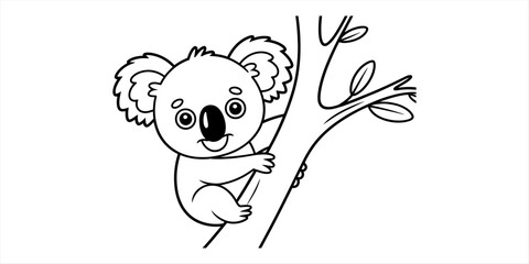 Cute baby koala bear hanging on a tree branch for children coloring page © Surjo Stocker_2026