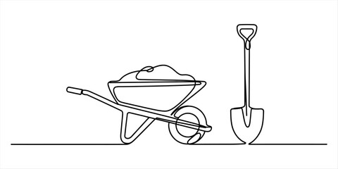 Continuous single line drawing of a wheelbarrow with soil and a garden shovel tool for construction and farming tasks illustration © Surjo Stocker_2026