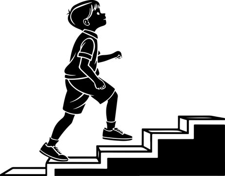 Child climbing stairs, black silhouette vector illustration