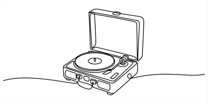 Continuous single line drawing of a retro portable vinyl record player turntable