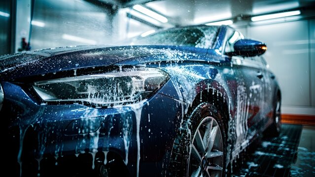 Luxury blue car inside automatic wash tunnel with active foam shampoo and high pressure water spray, dynamic close up of premium vehicle getting cleaned at modern auto wash station
