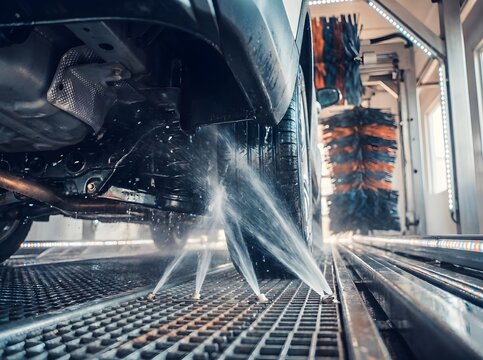 Automatic car wash system spraying high pressure water jet on vehicle chassis and tire, undercarriage wash and underbody cleaning process inside a conveyor wash station