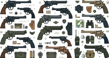 Revolver Pistol Vector Collection with Realistic and Flat Style Handguns, Bullets, Holsters and Military Tactical Gear for Design Projects © munzuara