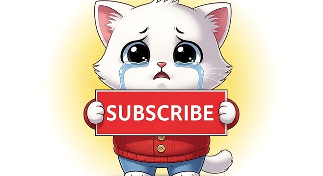 Cute Kitten Holding Subscribe Sign with Sad Expression on Yellow Background