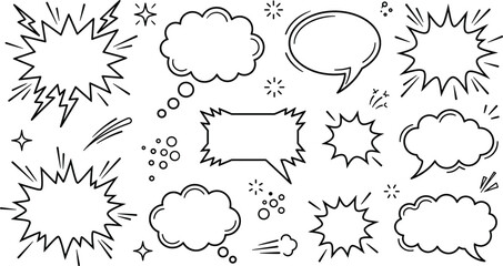Retro Comic Book Speech Bubble and Explosion Cloud Vector Line Icon Set for Cartoon Pop Art Designs © MstBabli