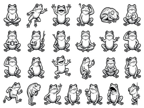 Funny cartoon frog character sheet with various emotional expressions and poses in black and white woodcut style engraving vector illustration