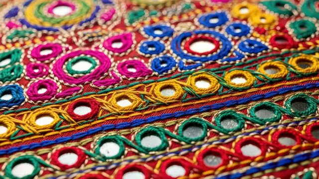Vibrant embroidery pattern with complex stitches and mirrored accents of folk art style