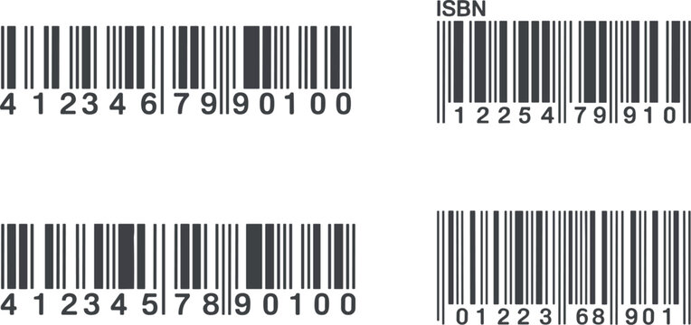 Four distinct black and white barcode with numerical sequences arranged in a grid layout on a plain white background including one label marked with the letters i s b n above the vertical bars