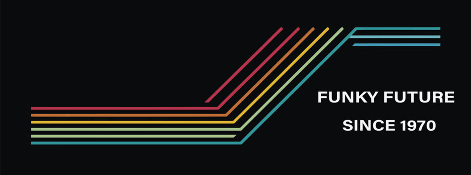 Retro style with parallel diagonal and horizontal lines in red orange yellow and teal colors featuring the text funky future since 1970 on a solid black background for a vintage aesthetic