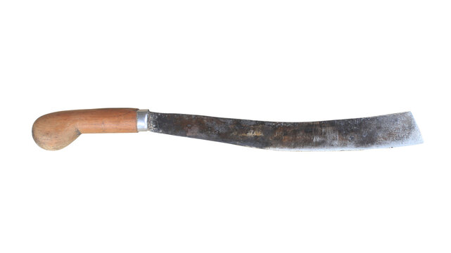 an old and rusty traditional machete that is usually used as a farming tool with a transparent background