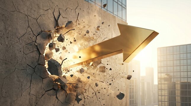 Powerful 3D concept of golden metallic arrow breaking through concrete wall with explosive debris, city skyline and golden sunlight background