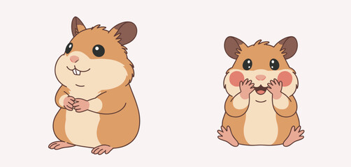 Fototapeta premium Two cartoon hamsters with brown and cream fur standing and sitting with one hamster holding its paws to its face in a surprised expression against a plain light background