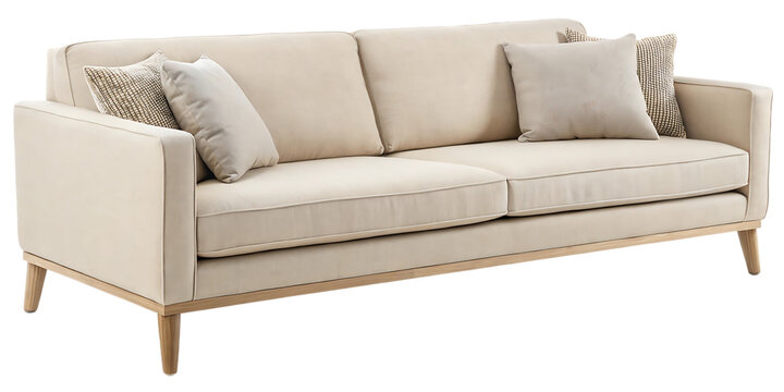 Modern light beige three seater sofa with decorative cushions and wooden legs transparent background