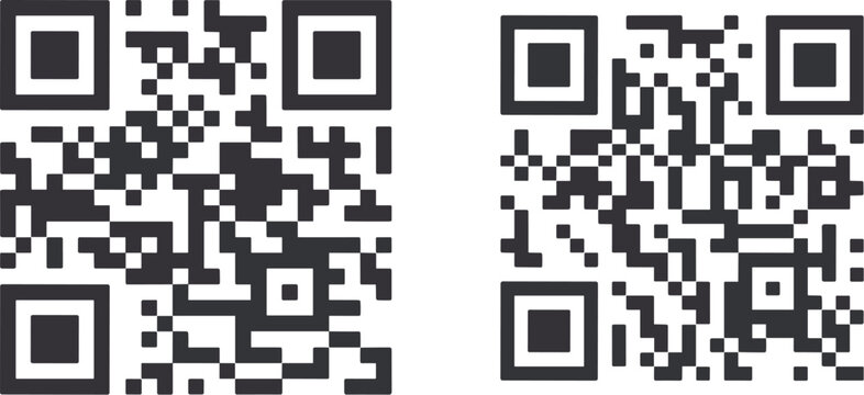 Two black and white square q r codes side by side featuring a grid of dark pixels on a white background with three large corner alignment squares and a smaller alignment square near the bottom right